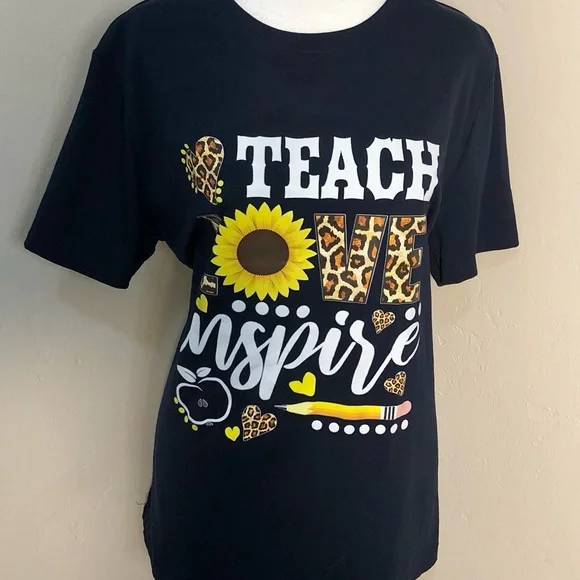 Teach Inspire Teacher’s Gift School Graphic T-Shirt Short Sleeve Black SZ L - Picture 1 of 9